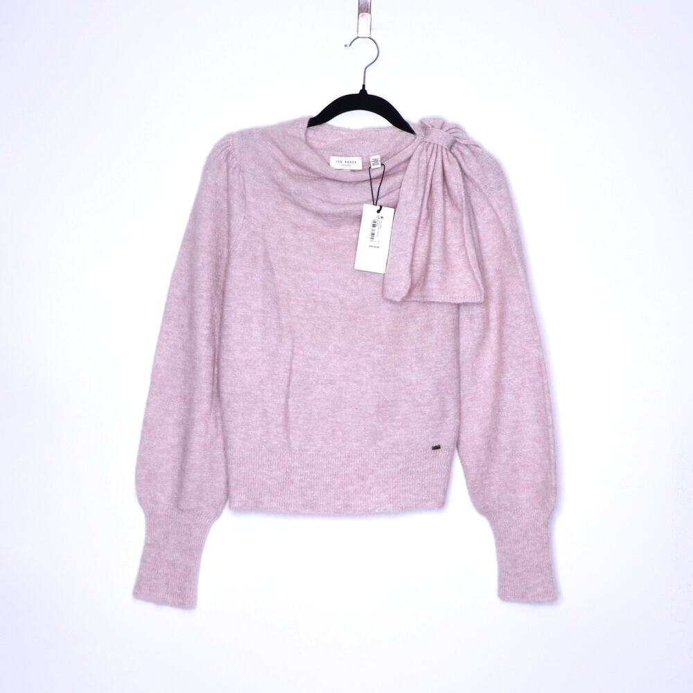 TED BAKER Larbow Statement Bow Sweater NWT Pink Wool Pullover Women's 0/US 2